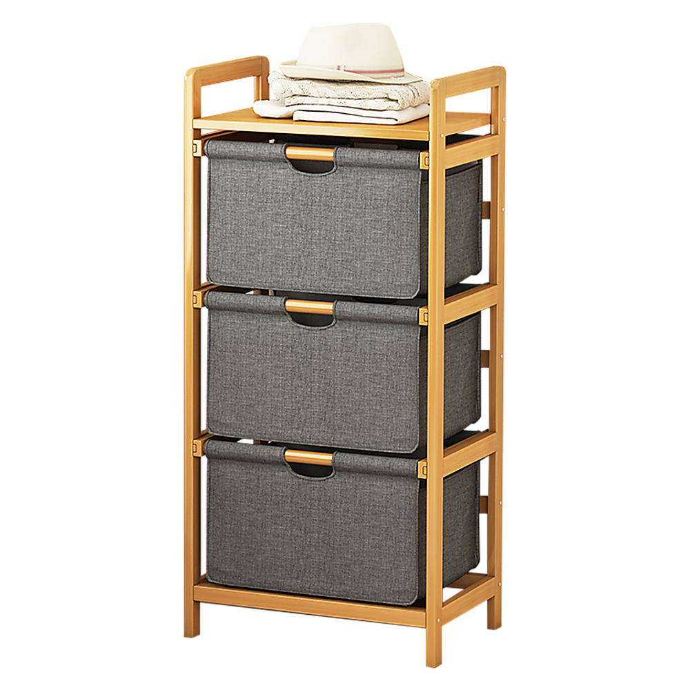 Bamboo Shelf with Storage Hamper – Wooden Organiser with Three-Set Rack Laundry Bags