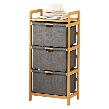 Bamboo Shelf with Storage Hamper – Wooden Organiser with Three-Set Rack Laundry Bags