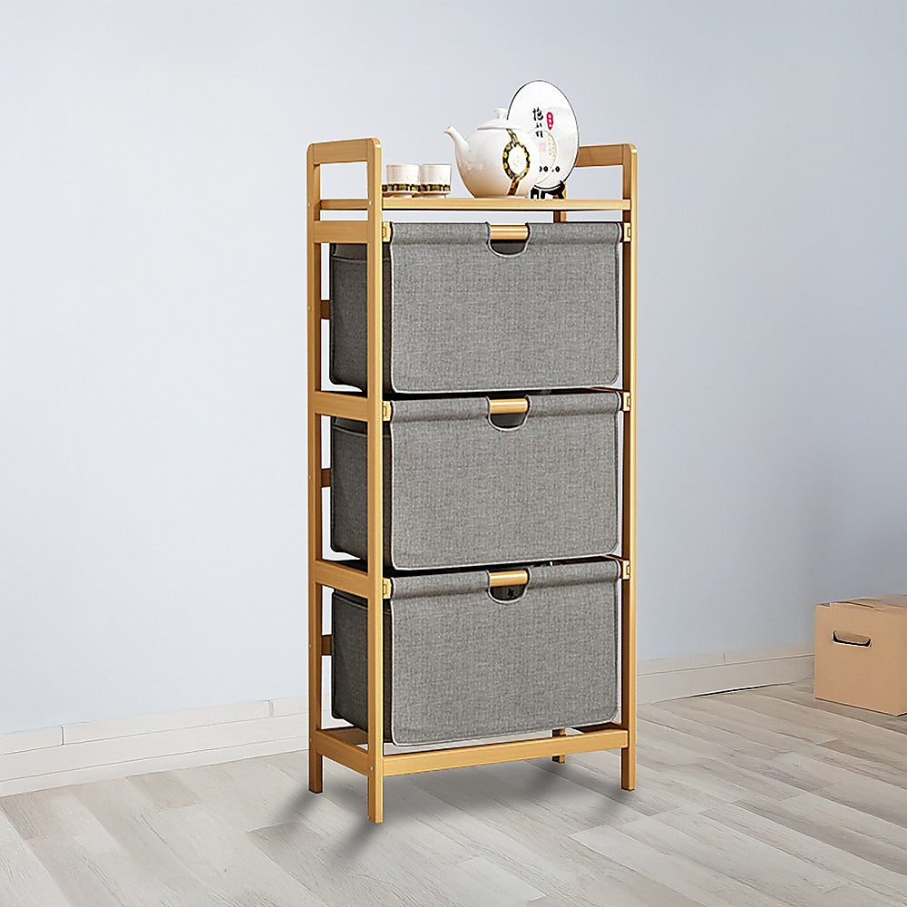 Bamboo Shelf with Storage Hamper – Wooden Organiser with Three-Set Rack Laundry Bags