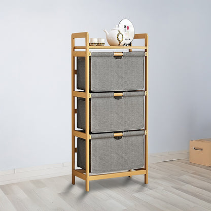 Bamboo Shelf with Storage Hamper – Wooden Organiser with Three-Set Rack Laundry Bags