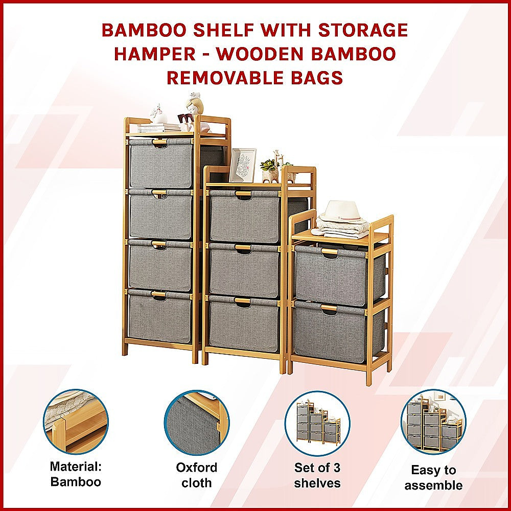 Bamboo Shelf with Storage Hamper - Wooden Bamboo Removable Bags