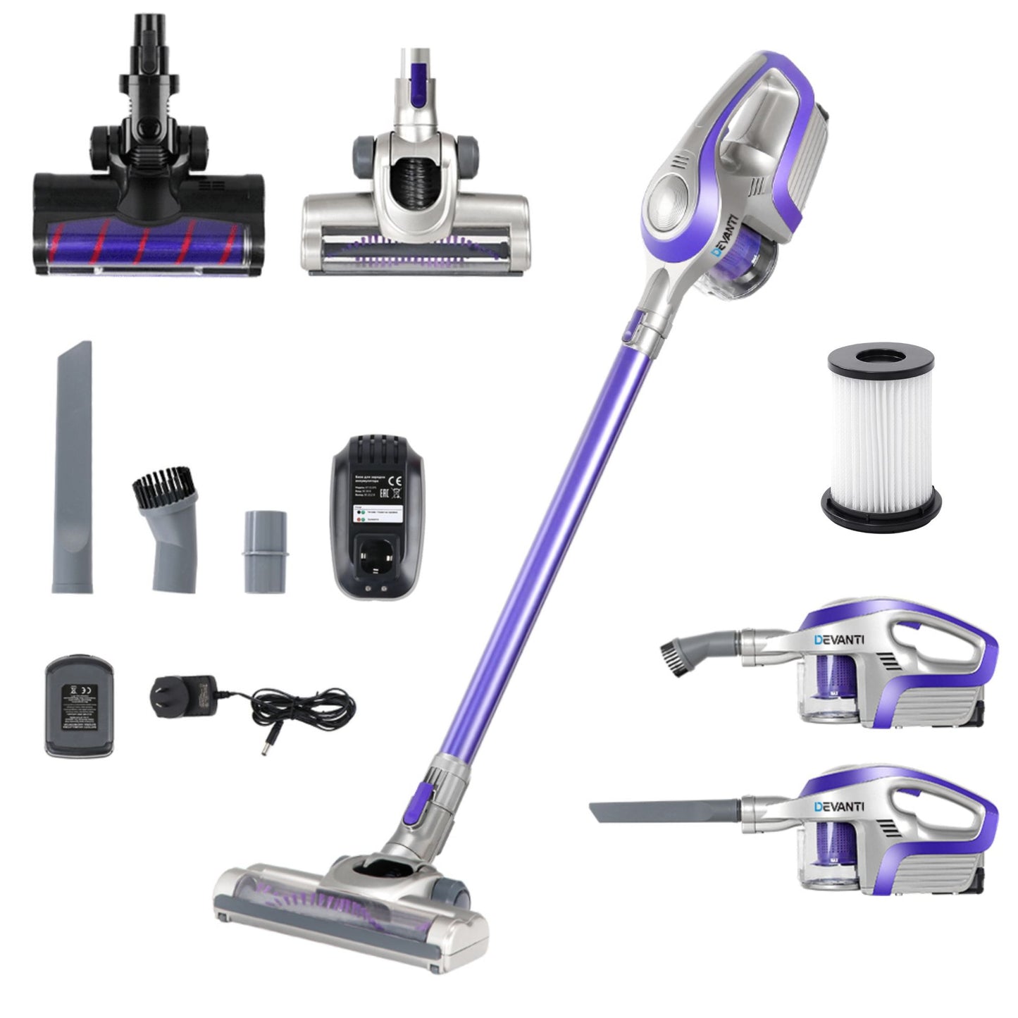 Devanti Stick Vacuum Cleaner Roller Brush Cordless 150W Purple
