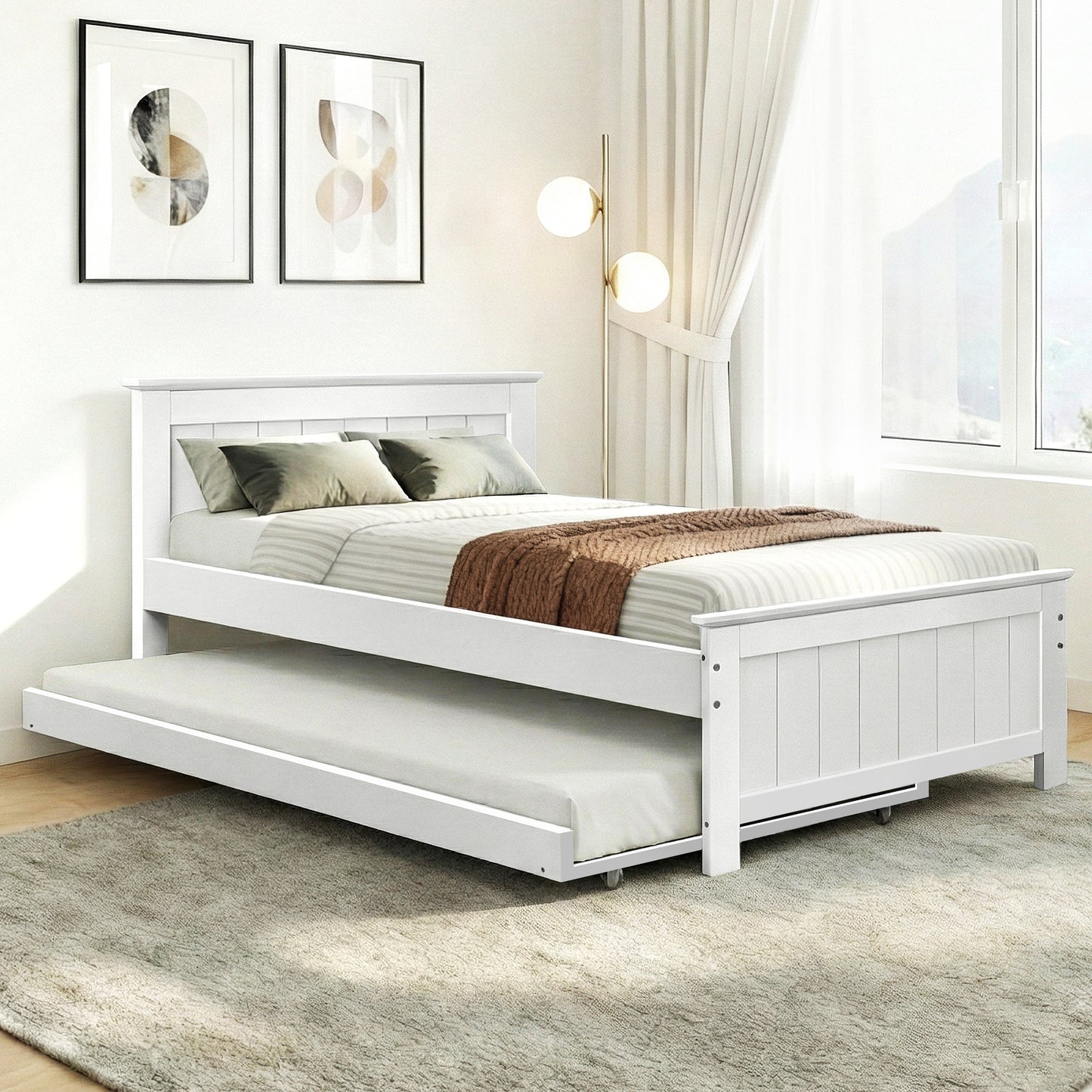 Artiss Bed Frame King Single Size Wooden Trundle Daybed White ELVIS