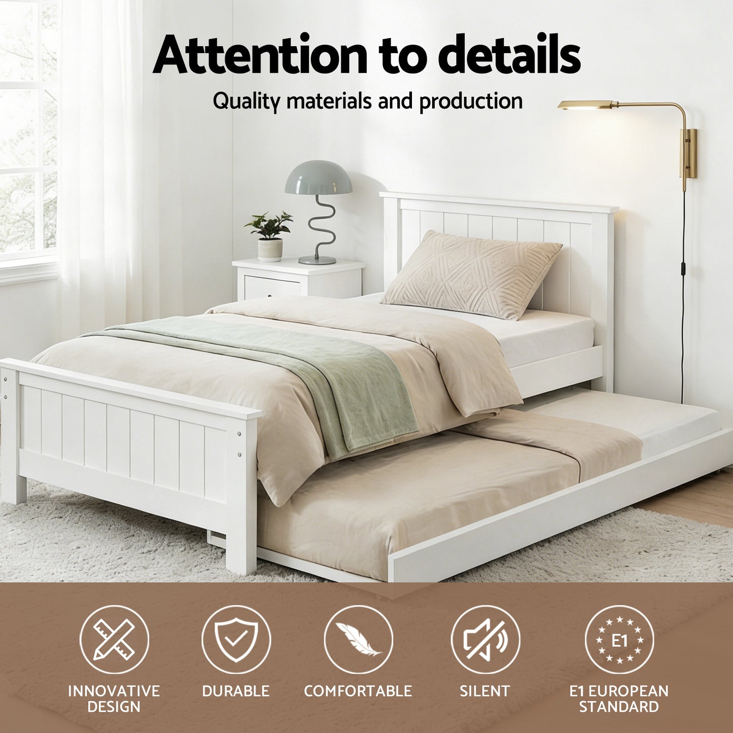 Artiss Bed Frame King Single Size Wooden Trundle Daybed White ELVIS