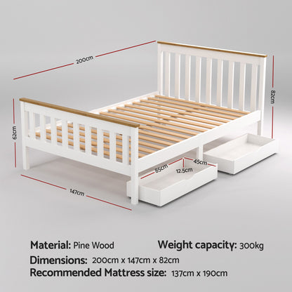 Artiss Bed Frame Double Size Wooden Platform with 2 Storage Drawers White PONY