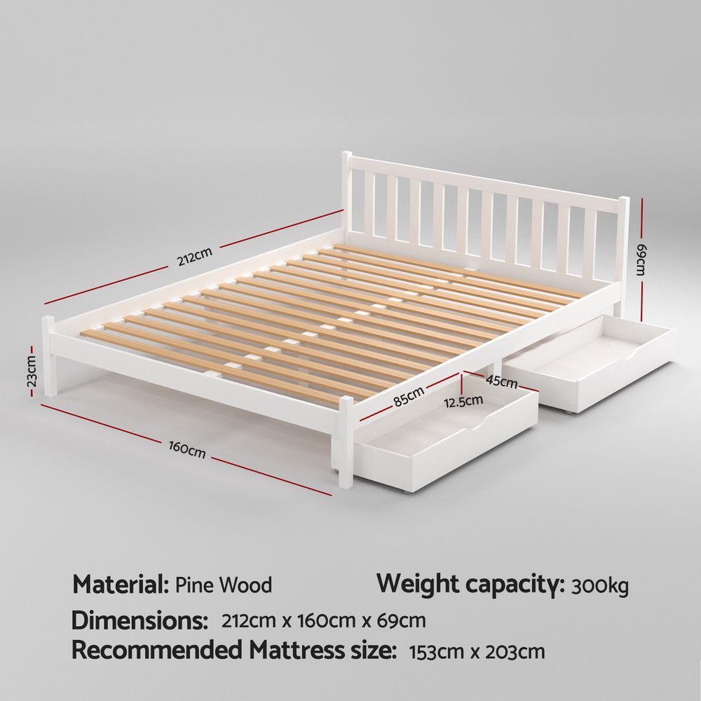 Artiss Bed Frame Queen Size Wooden Platform with 2 Storage Drawers White