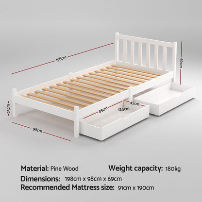 Artiss Bed Frame Single Size Wooden Platform with 2 Storage Drawers White SOFIE