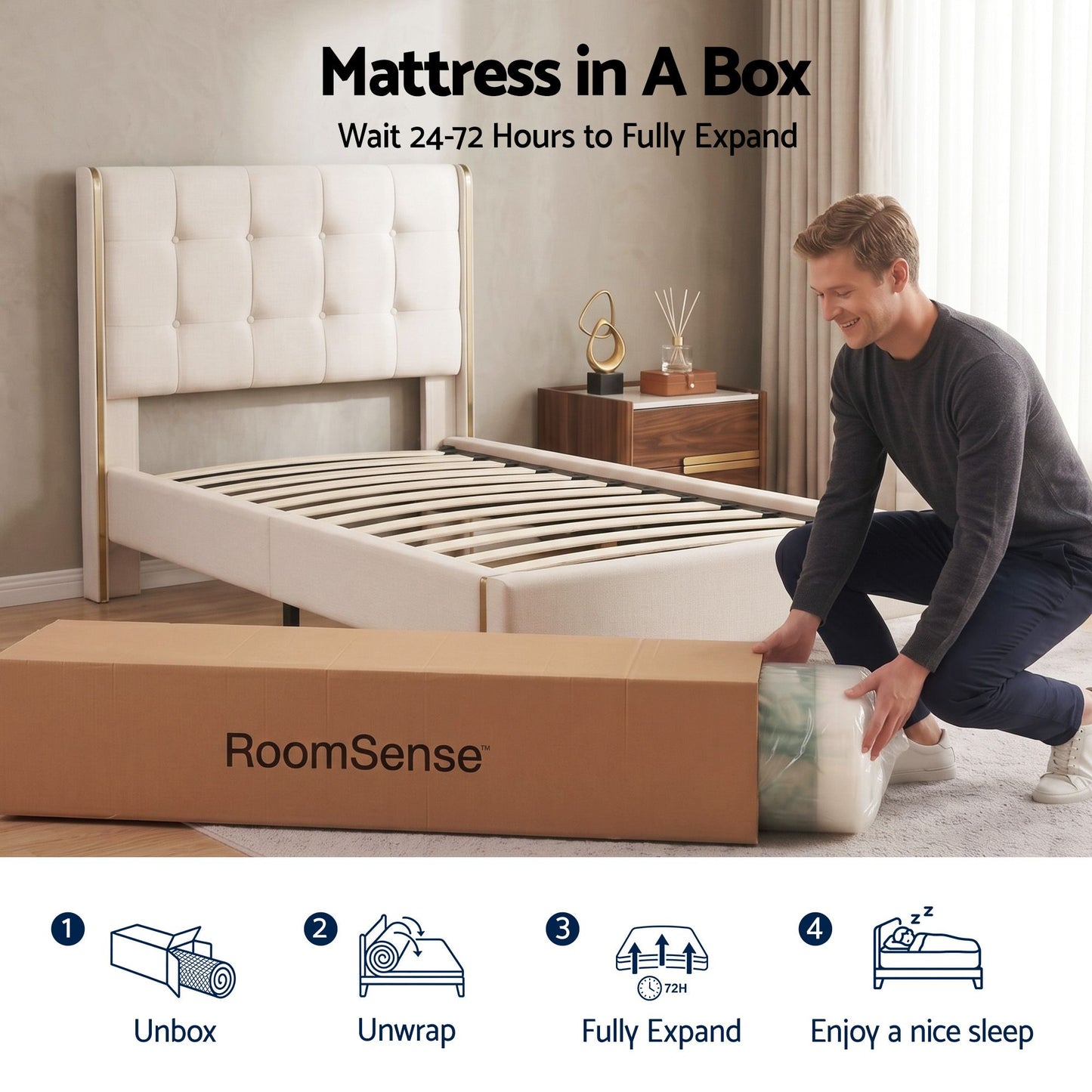 RoomSense King Single Mattress, 34cm Thick Medium Soft Hybrid Mattress for Back Pain Relief, Tencel Cooling Pocket Spring Mattress King Single Size in a Box