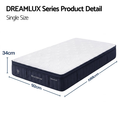 RoomSense Single Mattress, 34cm Thick Medium Soft Hybrid Mattress for Back Pain Relief, Tencel Cooling Pocket Spring Mattress Single Size in a Box