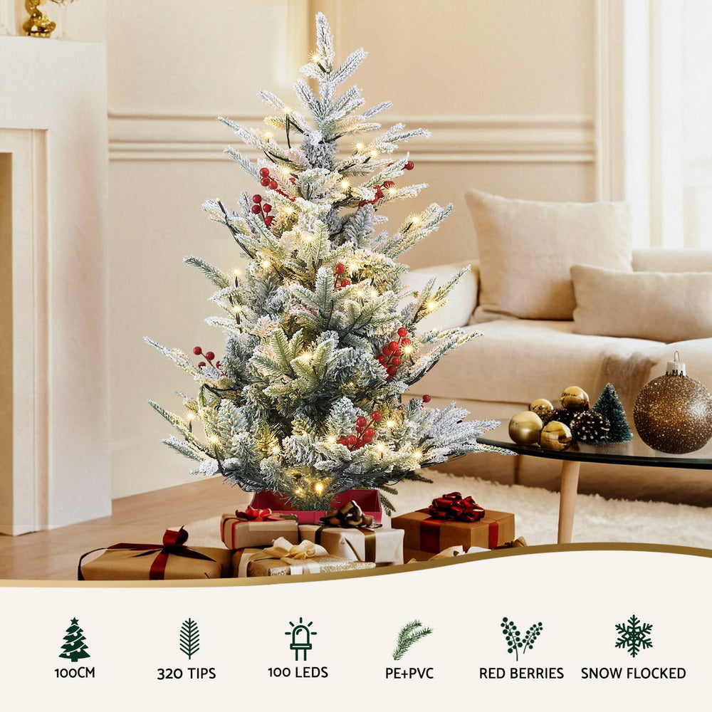 Jingle Jollys Christmas Tree 1M LED Potted Xmas Party Decor Red Barries Flocked
