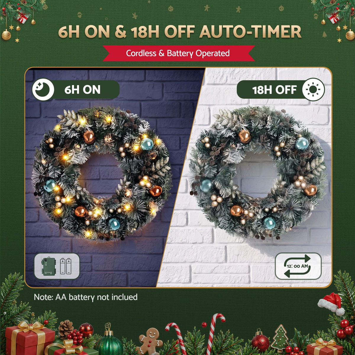 Jingle Jollys 60cm Christmas Wreath with LED Lights Snowy Garland Xmas Decor
