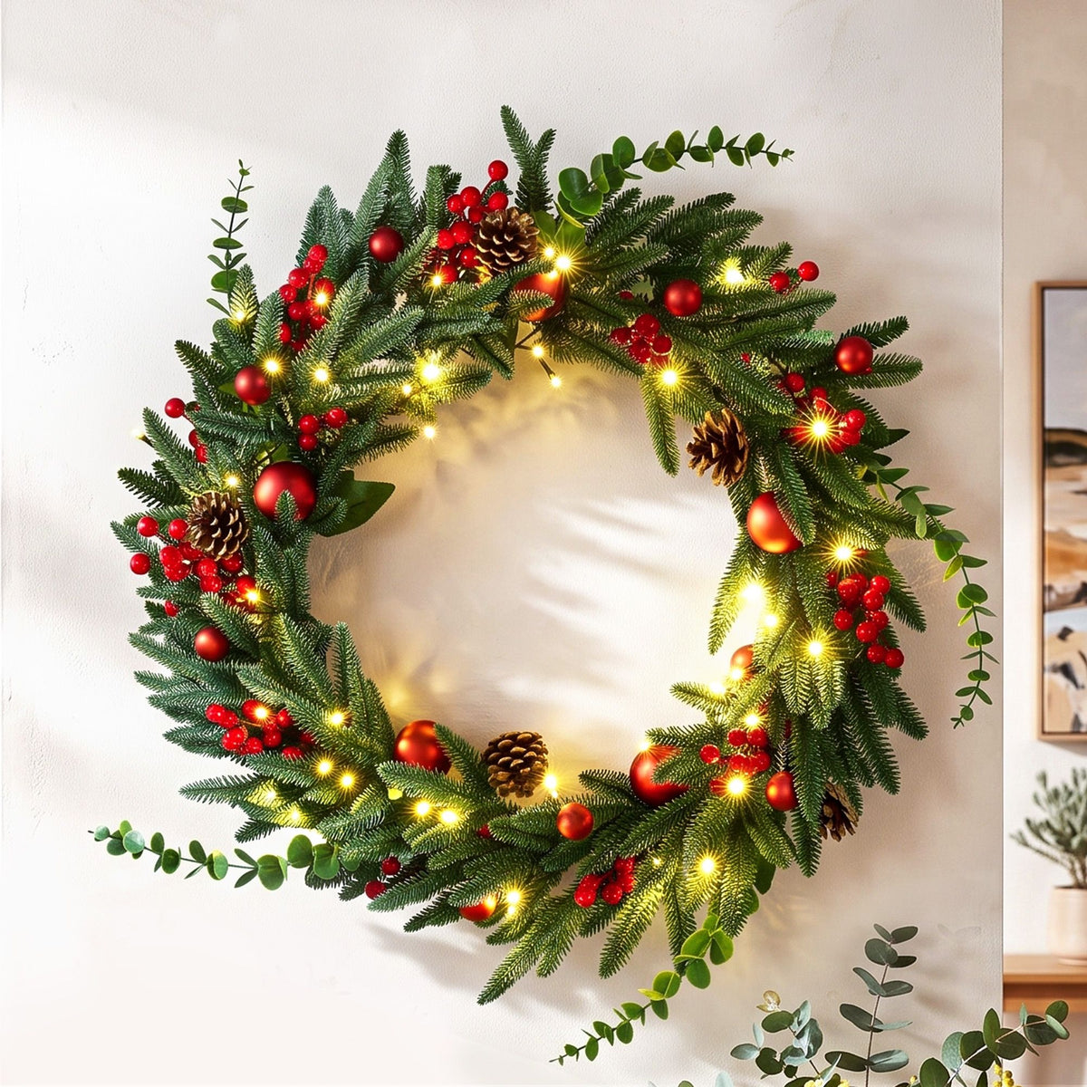 Jingle Jollys 60cm Pre-Lit Christmas Wreath LED Light Front Door Xmas Decor Garland