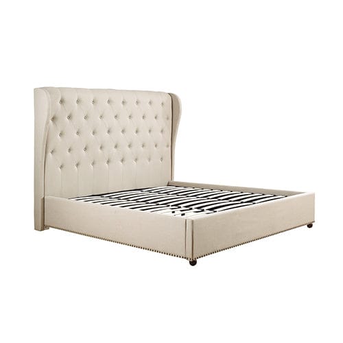 Bed Frame Queen Size in Beige Fabric Upholstered French Provincial High Bedhead