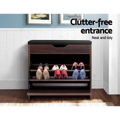 Artiss Shoe Rack Cabinet Bench 3-tier 15 Pairs Walnut