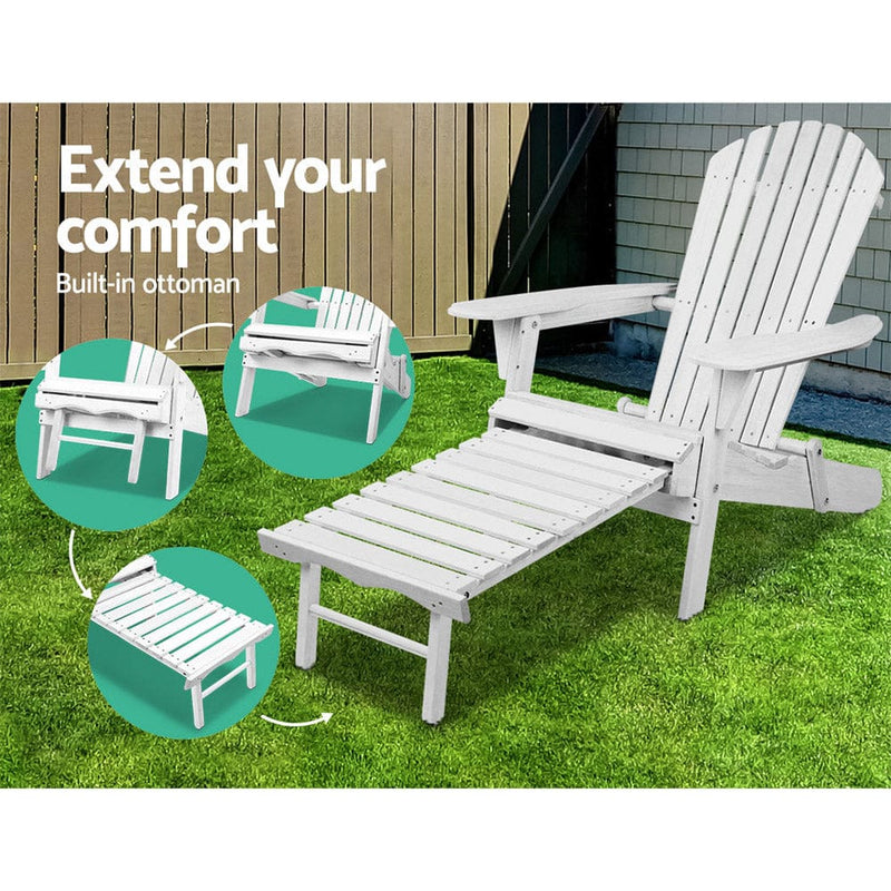 Gardeon Adirondack Outdoor Chairs Wooden Foldable Sun Lounge Patio Furniture White
