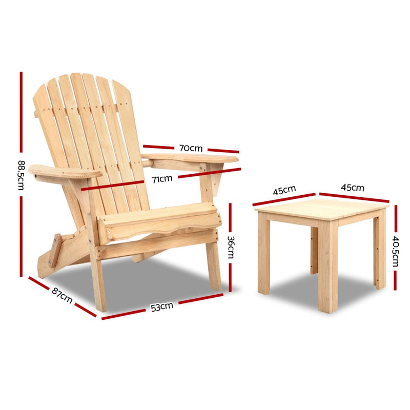 Gardeon 3PC Adirondack Outdoor Table and Chairs Wooden Foldable Beach Chair Natural