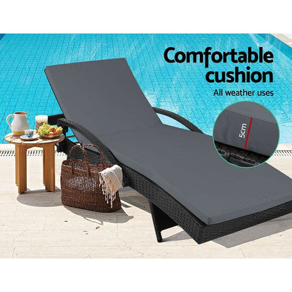 Gardeon 2PC Sun Lounge Wicker Lounger Outdoor Furniture Beach Chair Patio Adjustable Cushion Black