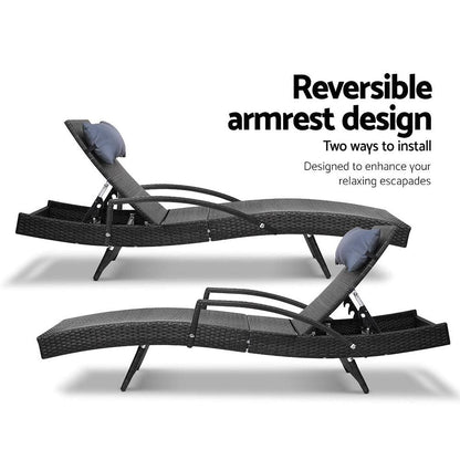 Gardeon Sun Lounge Wicker Lounger Outdoor Furniture Beach Chair Armrest Adjustable Black