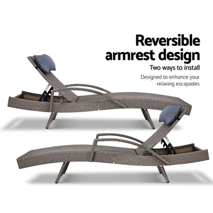 Gardeon Sun Lounge Wicker Lounger Outdoor Furniture Beach Armchair Adjustable Grey&Beige