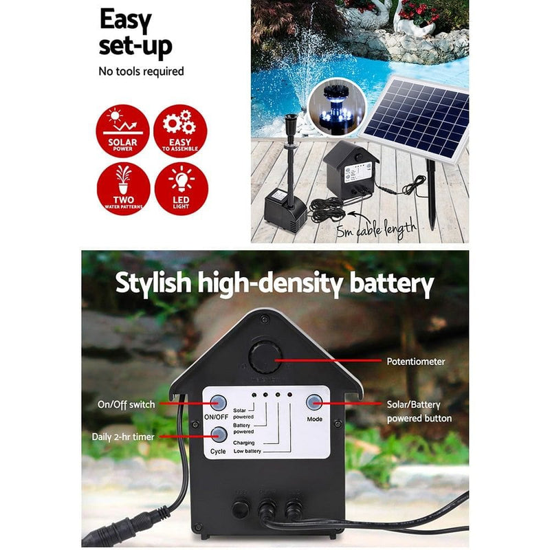 Gardeon Solar Pond Pump with Battery Kit LED Lights 6.6FT
