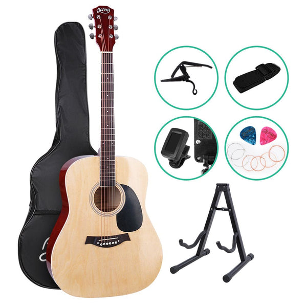 Alpha 41 Inch Acoustic Guitar Wooden Body Steel String Dreadnought Stand Wood