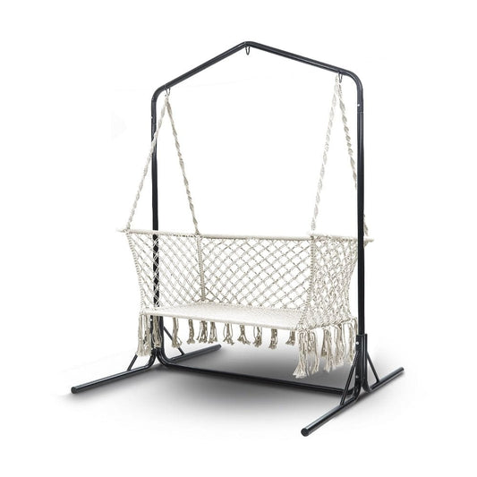 Gardeon Hammock Chair with Stand Macrame Outdoor Garden 2 Seater Cream