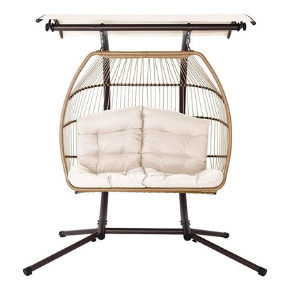 Gardeon Outdoor Egg Swing Chair Wicker Furniture Pod Stand Canopy 2 Seater Latte