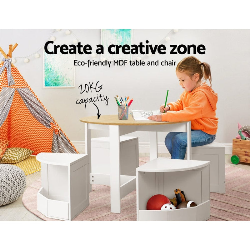 Keezi 5PCS Kids Table and Chairs Set Storage Chair Wooden Play Study Desk
