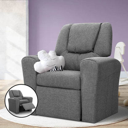 Keezi Kids Recliner Chair Linen Soft Sofa Lounge Couch Children Armchair Grey