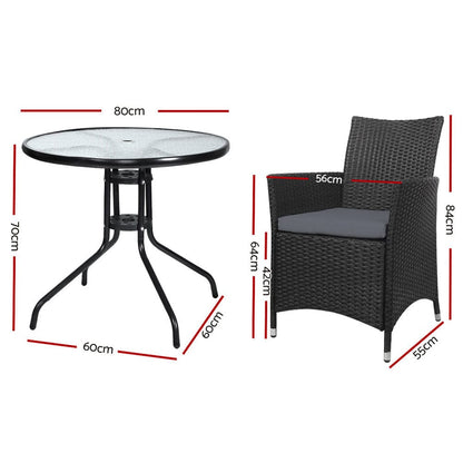 Gardeon 3PC Bistro Set Outdoor Furniture Rattan Table Chairs Cushion Patio Garden Idris