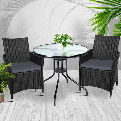 Gardeon 3PC Bistro Set Outdoor Furniture Rattan Table Chairs Cushion Patio Garden Idris