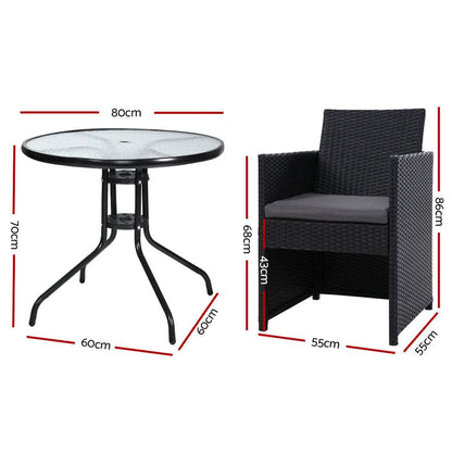 Gardeon 3PC Bistro Set Outdoor Furniture Rattan Table Chairs Cushion Patio Garden Hugo