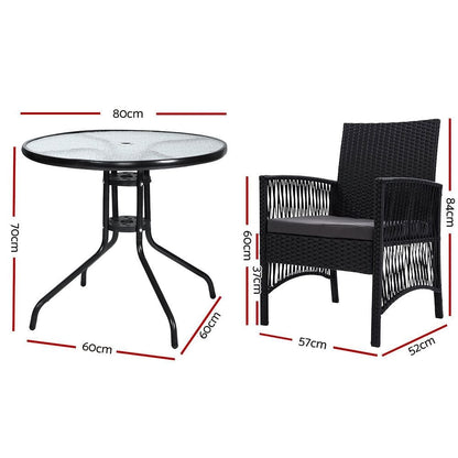 Gardeon 3PC Bistro Set Outdoor Furniture Rattan Table Chairs Cushion Patio Garden Lyra