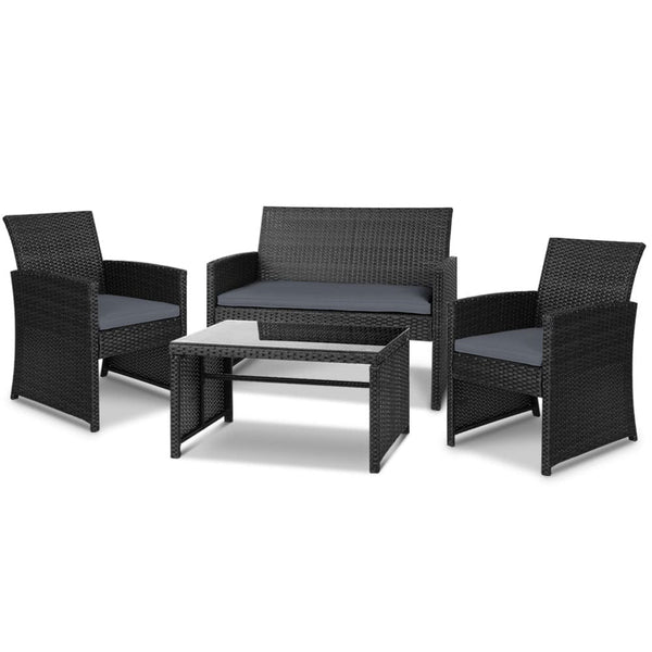 Gardeon 4 PCS Outdoor Sofa Set Rattan Chair Table Setting Garden Furniture Black