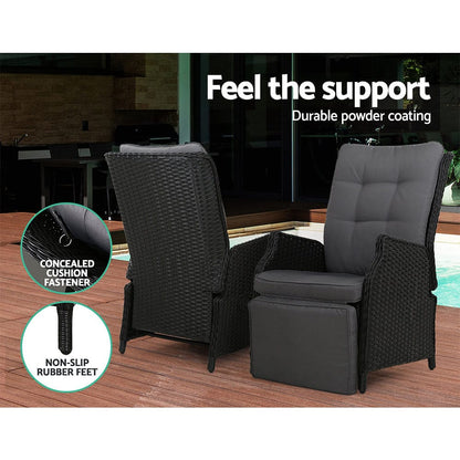 Gardeon 2PC Recliner Chairs Sun lounge Wicker Lounger Outdoor Furniture Adjustable Black