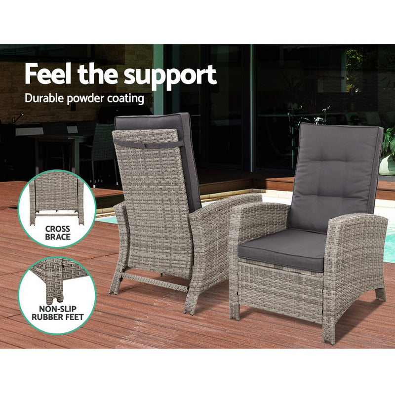 Gardeon 5PC Recliner Chairs Table Sun lounge Wicker Outdoor Furniture Adjustable Grey