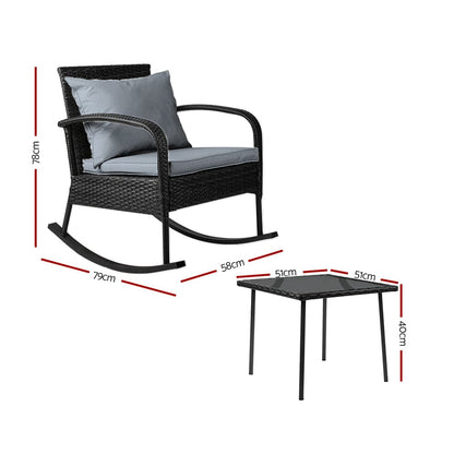 Gardeon 3PC Rocking Chair Table Wicker Outdoor Furniture Patio Bistro Set Black