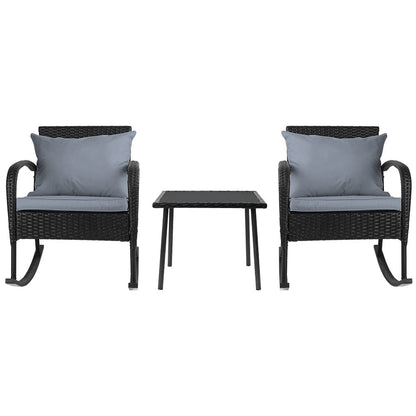 Gardeon 3PC Rocking Chair Table Wicker Outdoor Furniture Patio Bistro Set Black