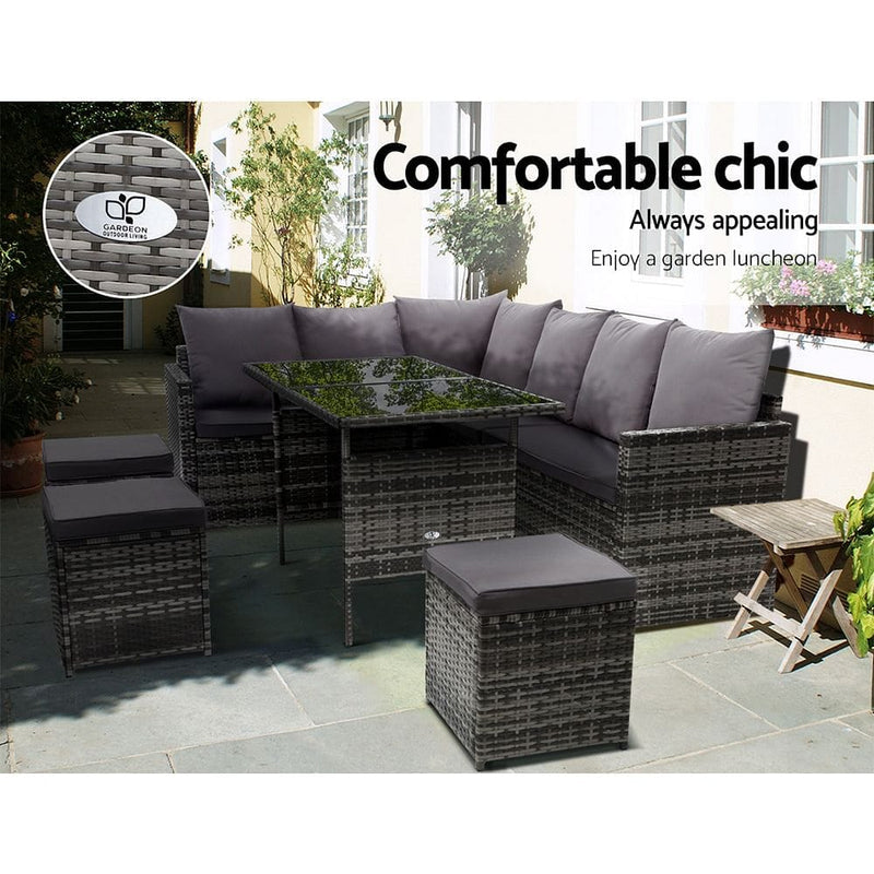 Gardeon Outdoor Furniture Dining Setting Sofa Set Lounge Wicker 9 Seater Mixed Grey