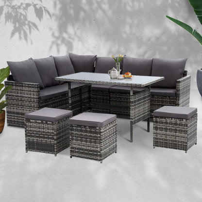 Gardeon Outdoor Furniture Dining Setting Sofa Set Lounge Wicker 9 Seater Mixed Grey
