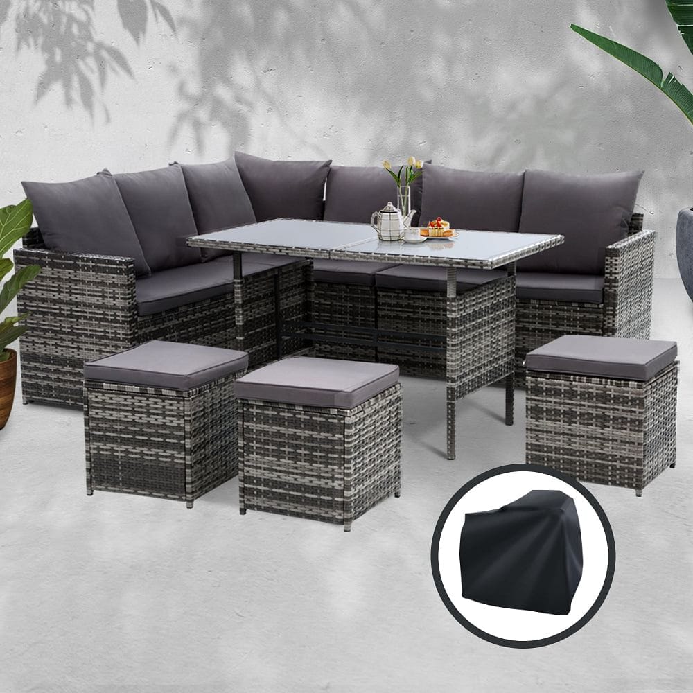 Gardeon Outdoor Dining Set Sofa Lounge Setting Chairs Table Ottoman Grey Cover