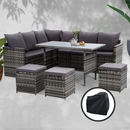Gardeon Outdoor Dining Set Sofa Lounge Setting Chairs Table Ottoman Grey Cover