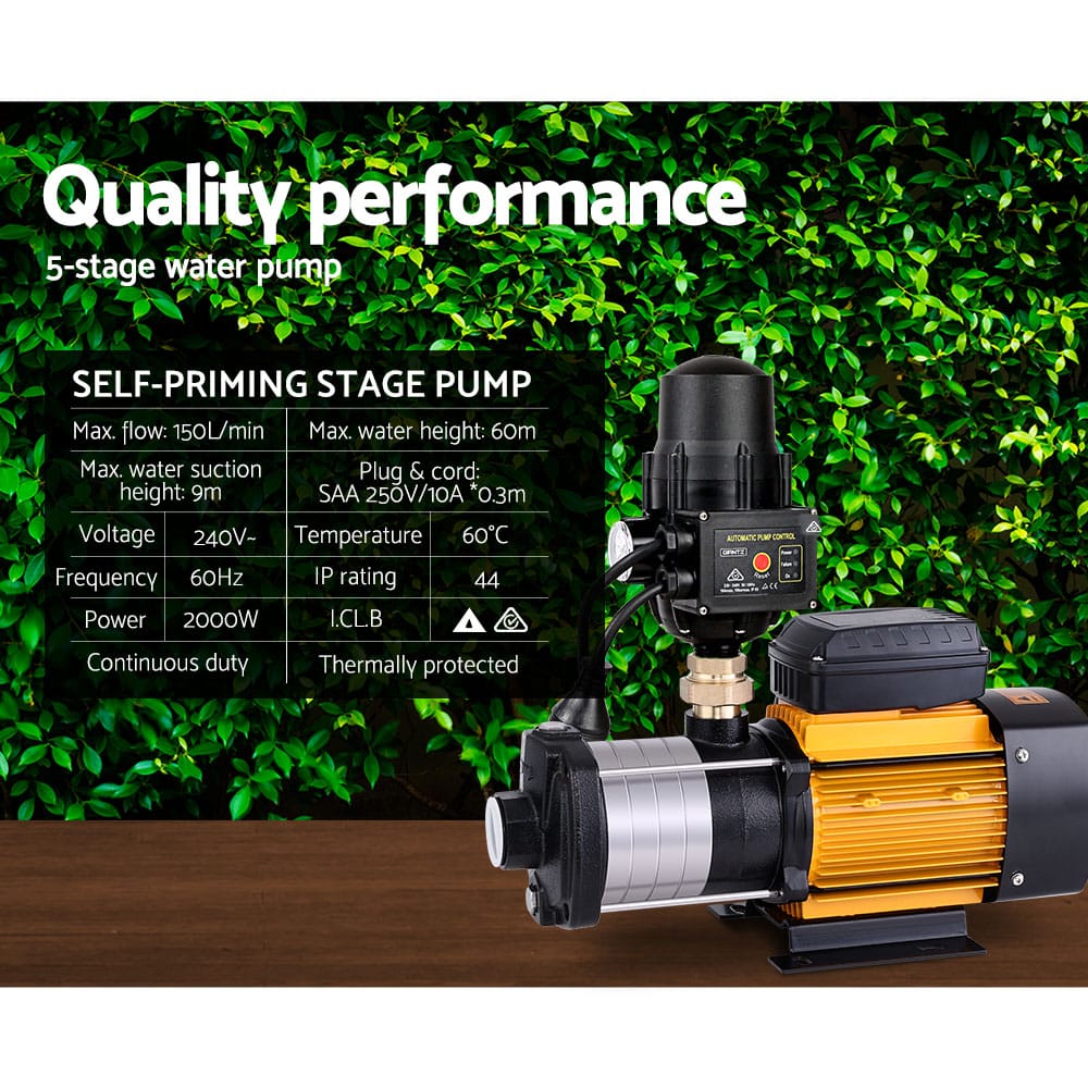 Giantz Garden Water Pump High Pressure 2000W 5-Stage Tank Irrigation Black