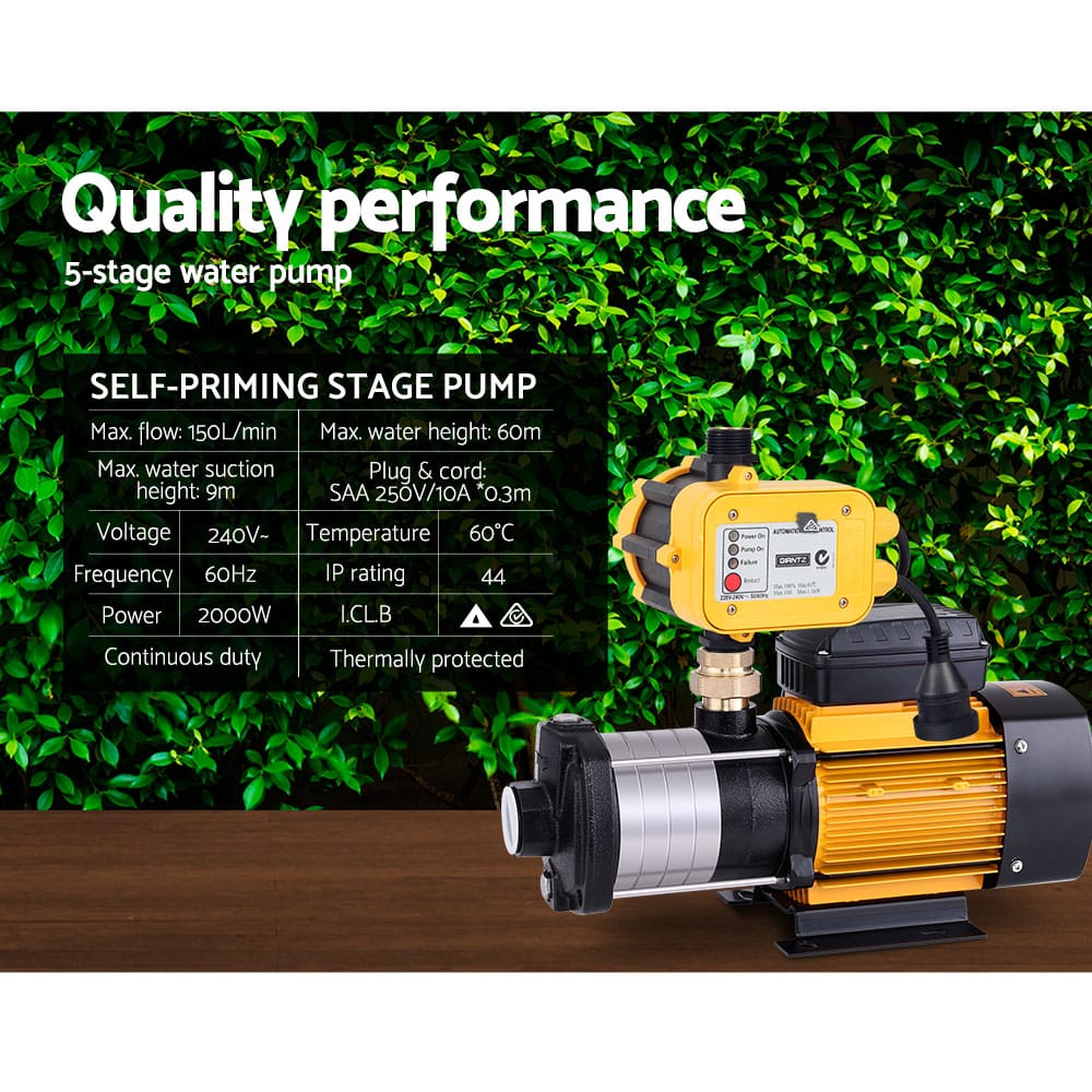 Giantz Garden Water Pump High Pressure 2000W 5-Stage Tank Irrigation Yellow