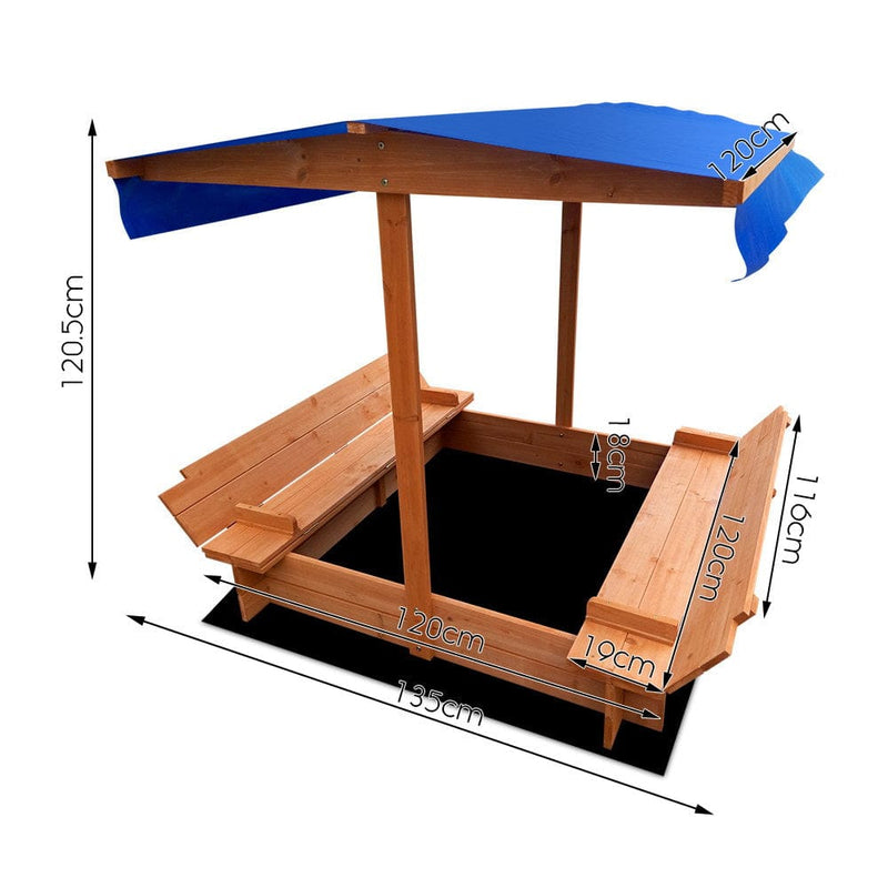 Keezi Kids Sandpit Wooden Sandbox Sand Pit with Canopy Foldable Seat Toys 120cm