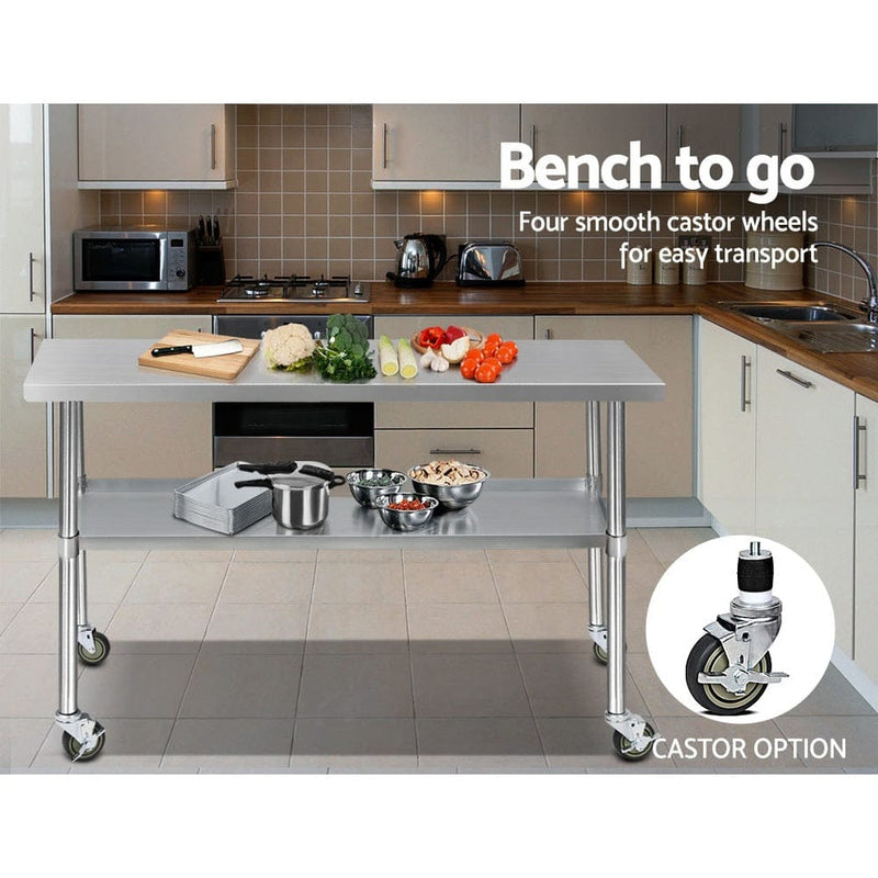 Cefito 1524x610mm Stainless Steel Kitchen Bench with Wheels 304