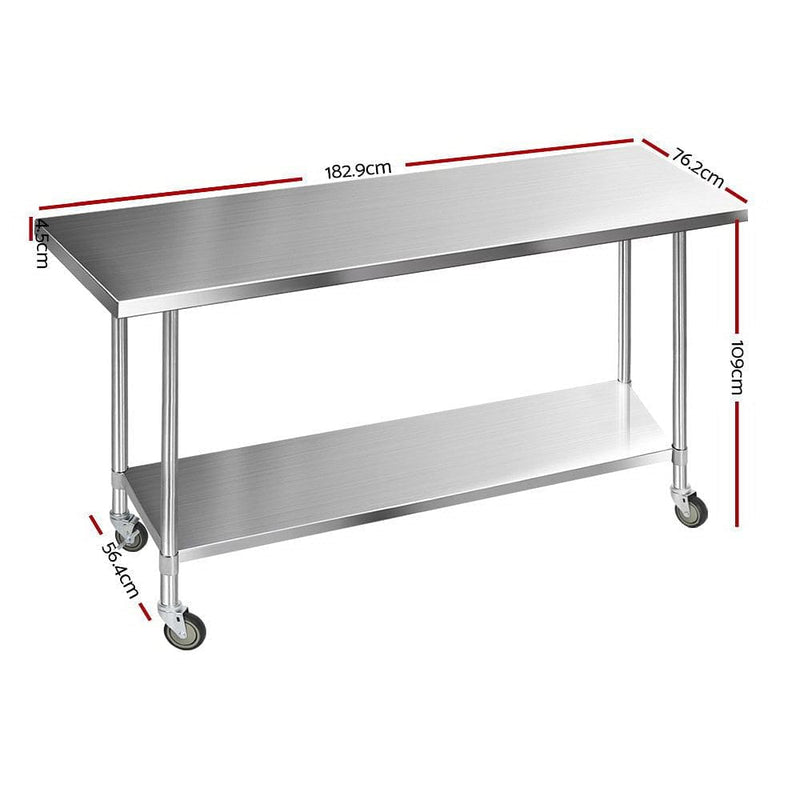Cefito 1829x760mm Stainless Steel Kitchen Bench with Wheels 430