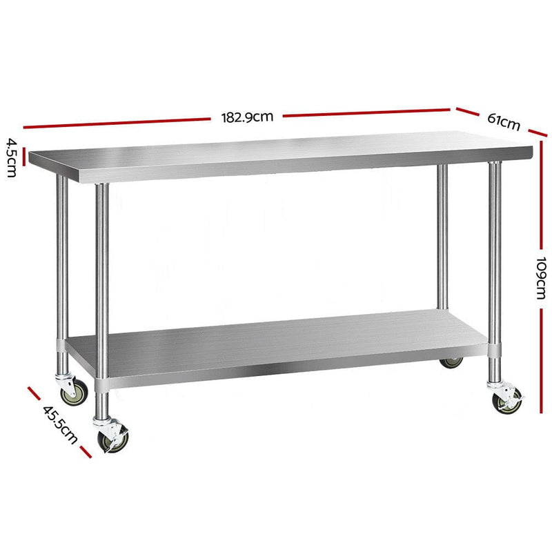 Cefito 1829x610mm Stainless Steel Kitchen Bench with Wheels 430