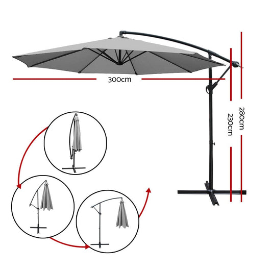 Instahut 3m Outdoor Umbrella Cantilever Beach Garden Patio Grey