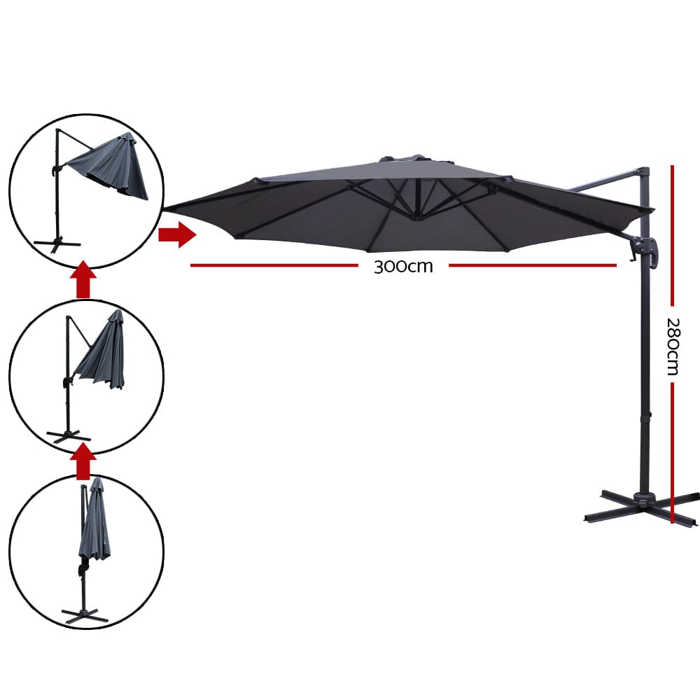 Instahut 3m Outdoor Umbrella Cantilever 360 Degree Tilt Beach Roma Charcoal